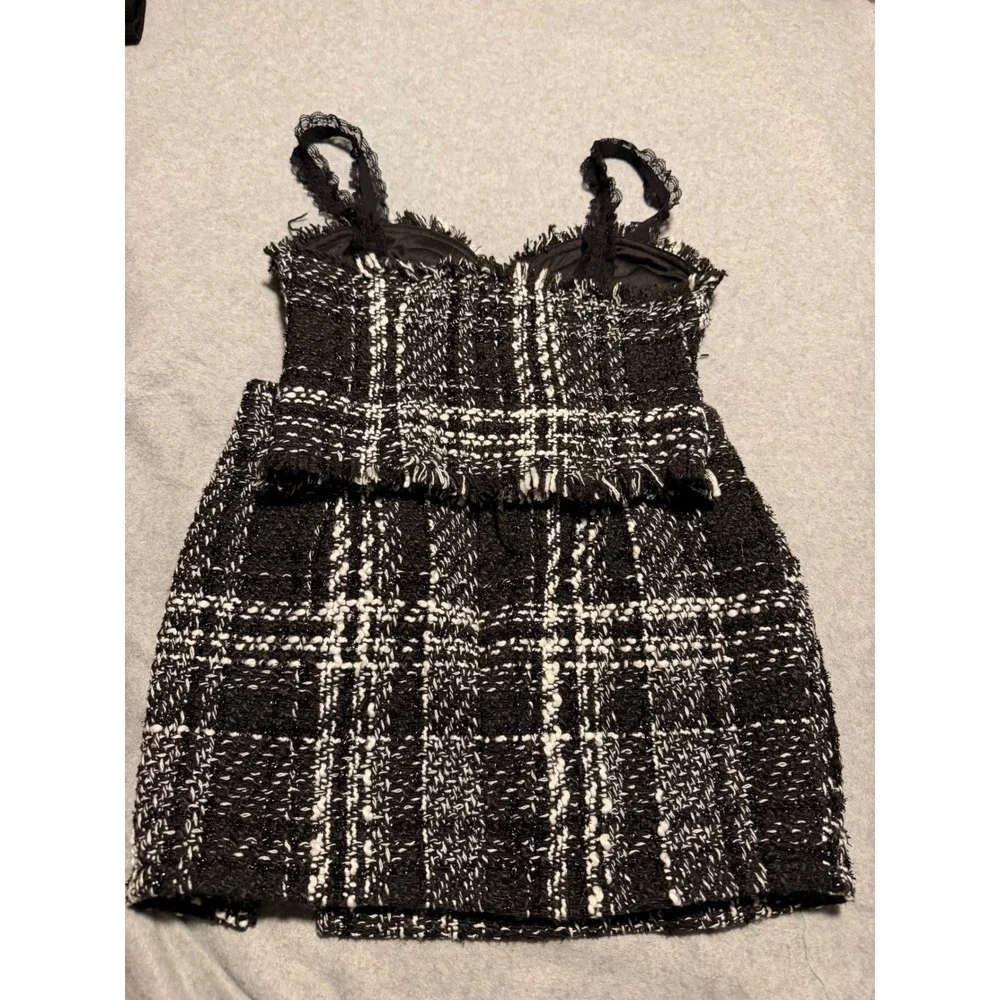Black White Plaid Tweed Two Piece Set Lace Strap Bustier Top and Mini Skirt